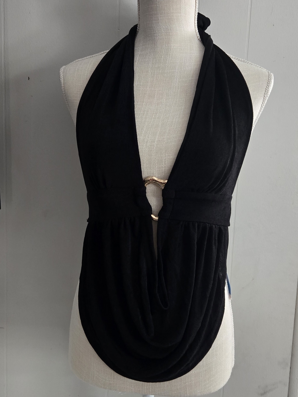 Black Halter Drape Top with Gold Ring Detail